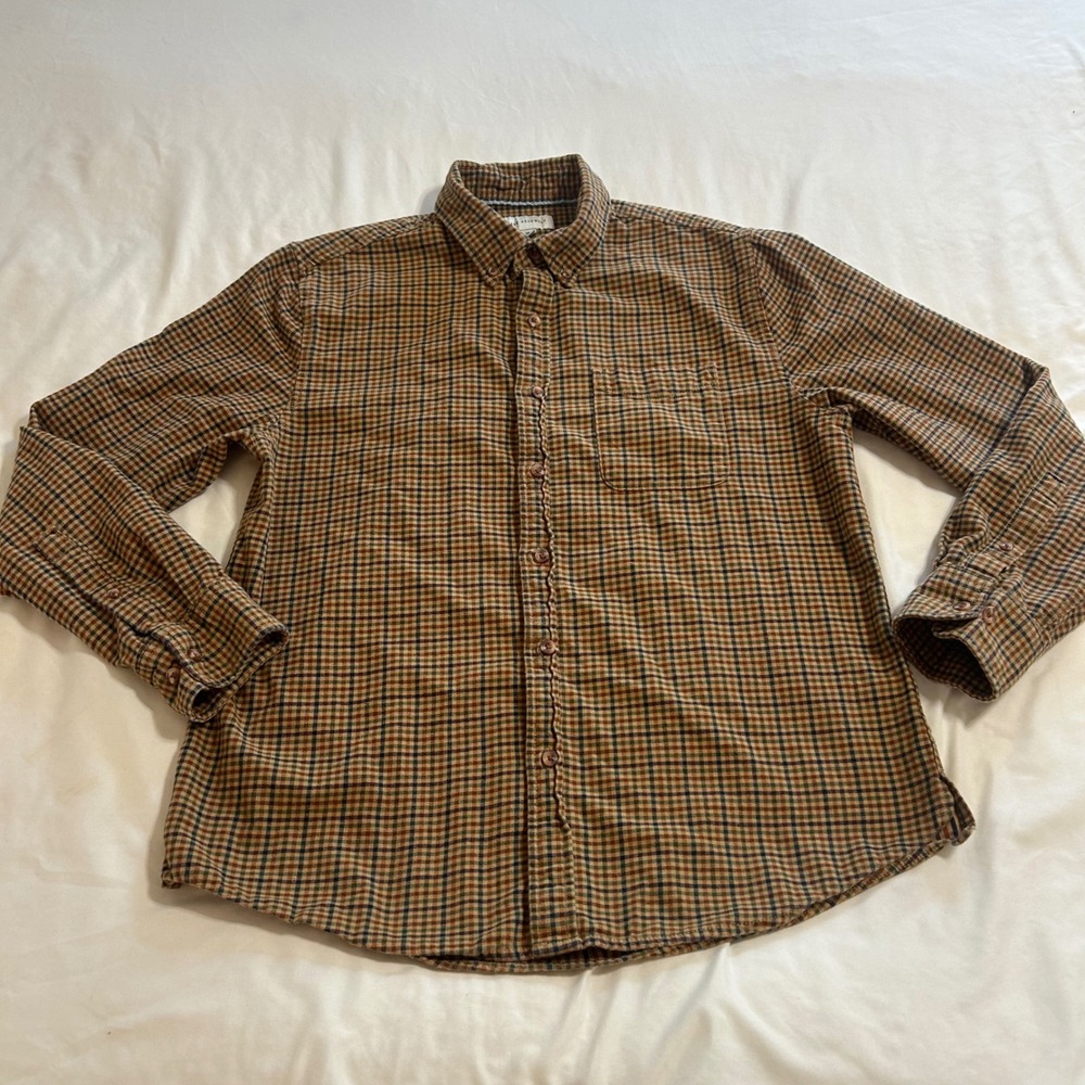 Free Assembly Mens Plaid Flannel Button Down Shirt Brown Tan Blue Medium
